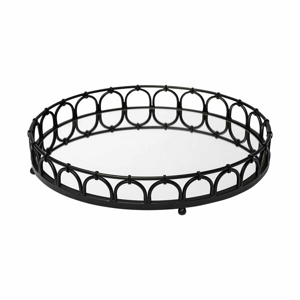 Tarifa 20 in. Matte Black Metal with Intricately Railings & Mirrored Glass Bottom Round Tray TA3094450